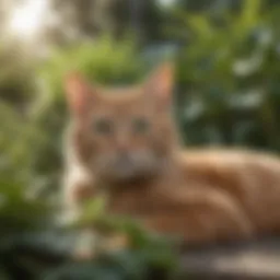 A serene cat lounging in a sunlit garden, surrounded by plants known to repel fleas.