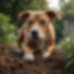 A curious dog digging in the garden soil