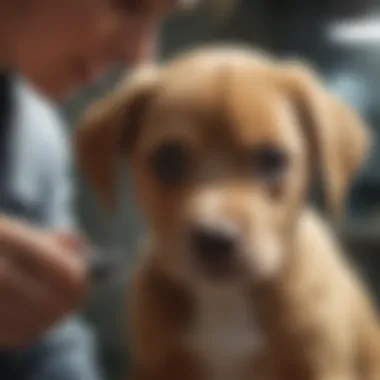 A veterinarian examining a puppy for fleas