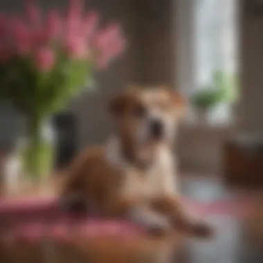 Dog surrounded by fresh flowers in a clean living space