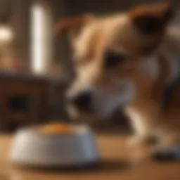 A dog exhibiting calm behavior near its food bowl