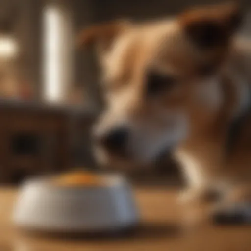 A dog exhibiting calm behavior near its food bowl