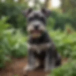 Mini Schnauzer puppy playing in a lush green garden