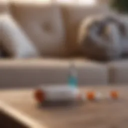 A cozy couch with a pill remover tool displayed beside it