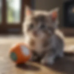 Adorable fluffy kitten playing with a toy