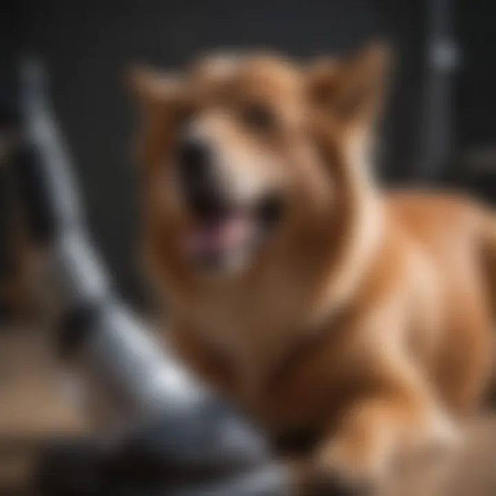 A dog peacefully being groomed with Shark vacuum grooming attachment