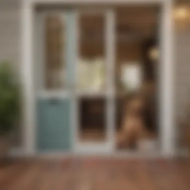 An elegant interior view of a home with a screen door and dog door combination