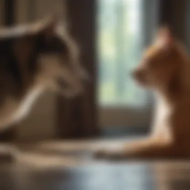 Curious cat and dog observing each other