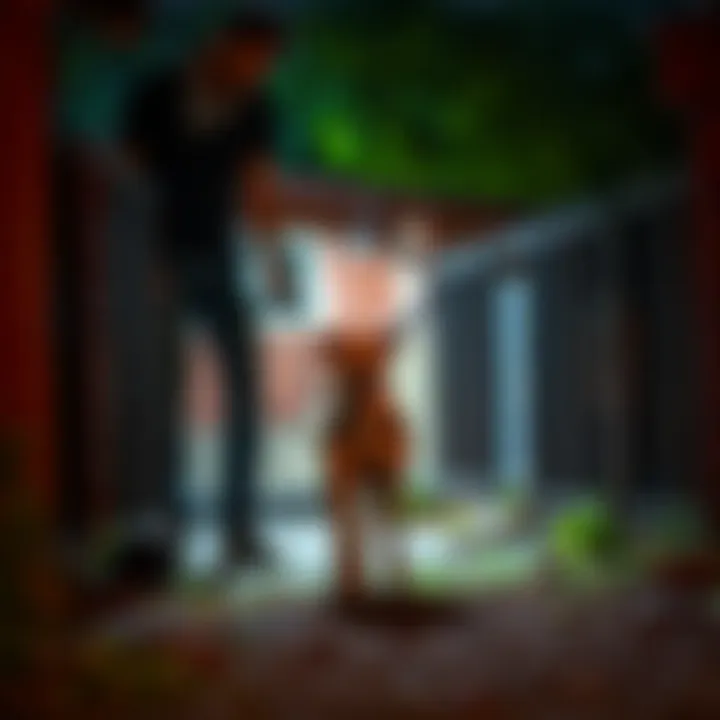 Owner guiding dog into kennel at night