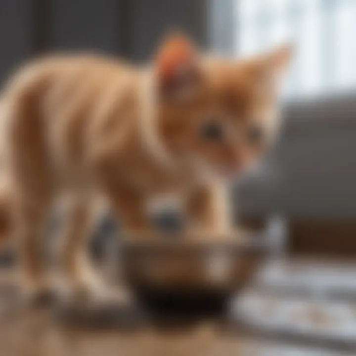 Young kitten exploring a bowl of wet food