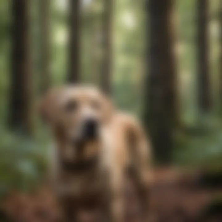 Curious Labrador exploring a lush forest