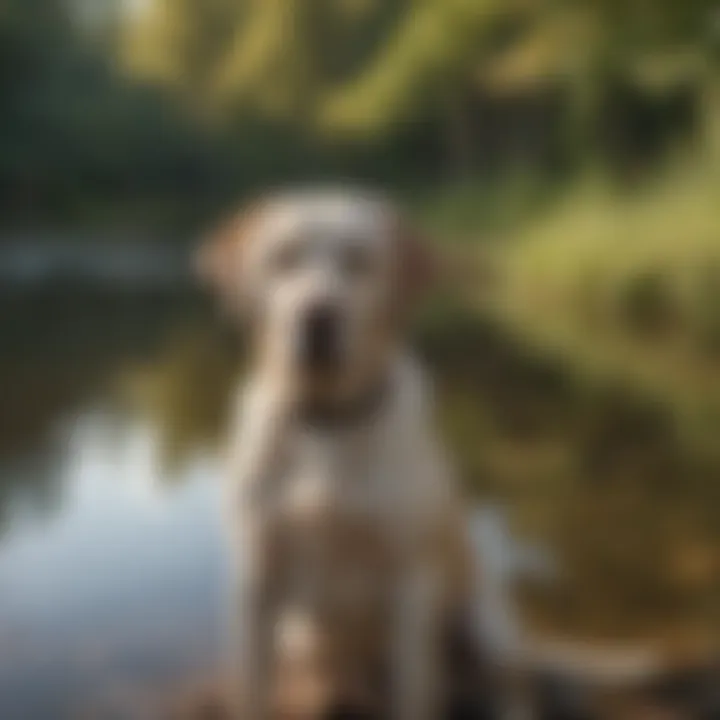 Elegant Labrador sitting by a tranquil lake