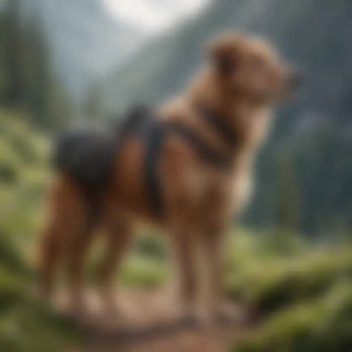 Side view of a large dog enjoying a hike with a full backpack