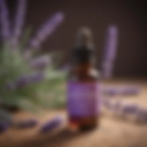 Organic lavender essential oil bottle with lavender flowers