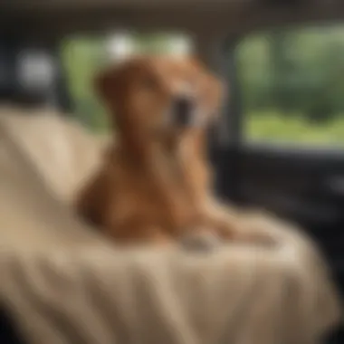 A happy dog comfortably resting on an LL Bean car seat cover