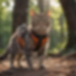 A cat curiously exploring outdoors while wearing a harness