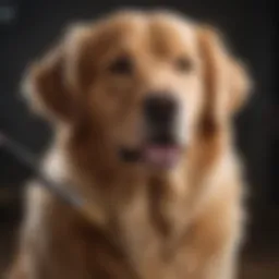Golden Retriever being brushed with grooming tool