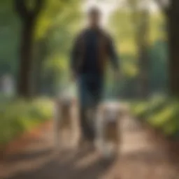 A dog enthusiastically walking alongside its owner on a leash in a park.