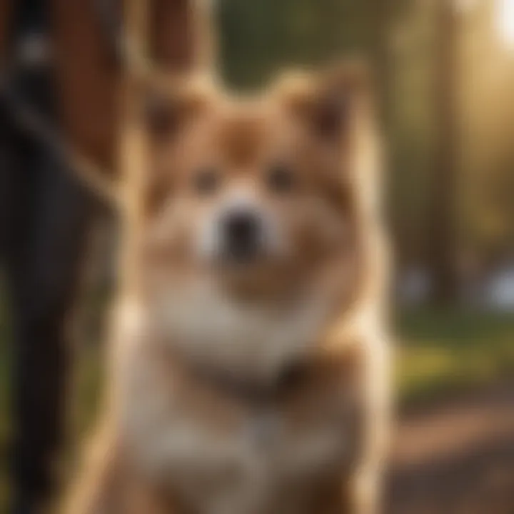 A well-groomed fluffy dog on a leash