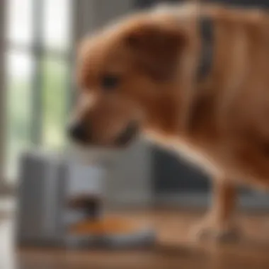 Canine companion interacting with microchip-controlled feeder