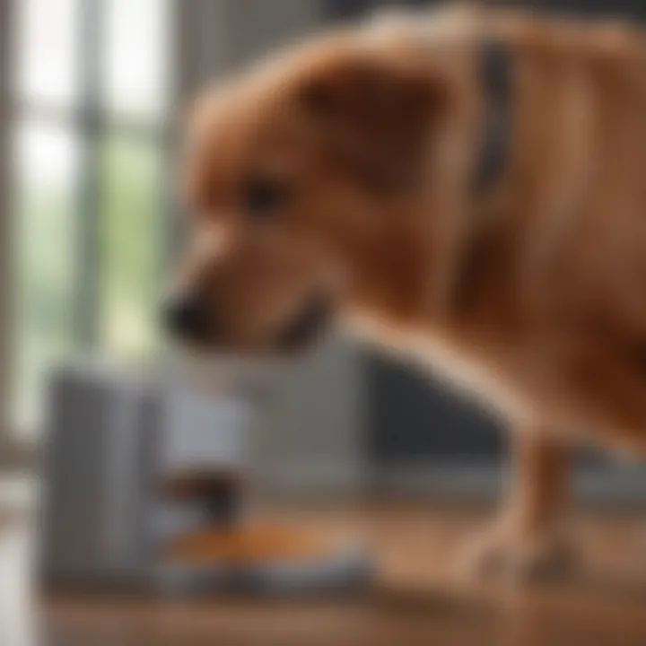 Canine companion interacting with microchip-controlled feeder