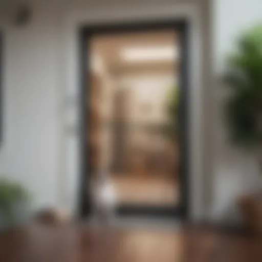 A modern screen door with a dog door installed in a stylish home