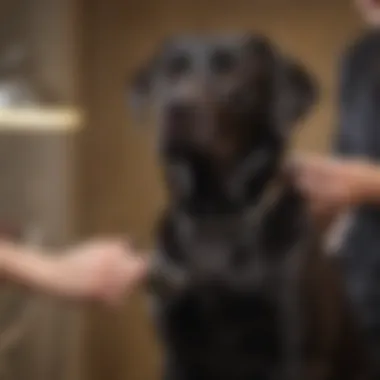 A sleek black Labrador retriever being groomed by a professional pet stylist