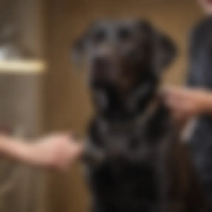 A sleek black Labrador retriever being groomed by a professional pet stylist