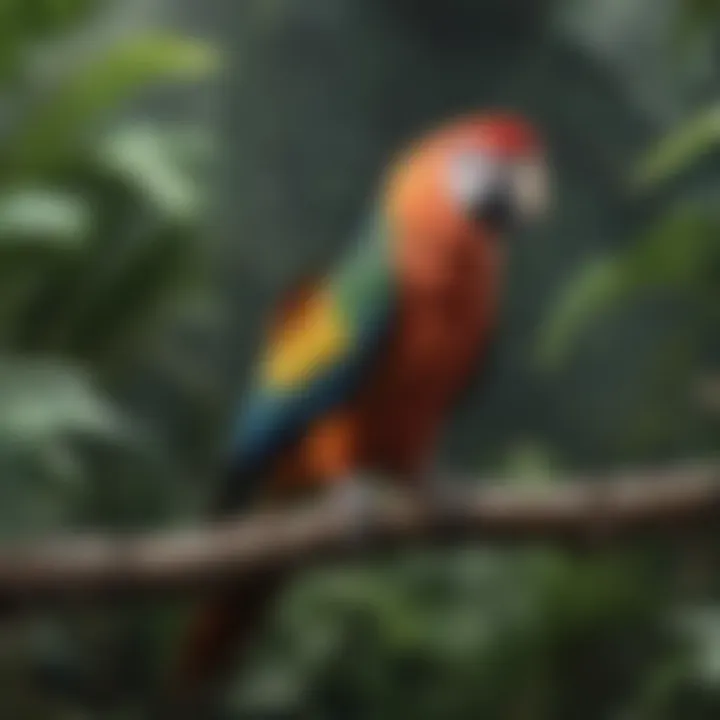 A colorful parrot perched on a branch in a lush tropical setting