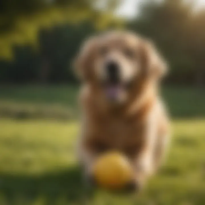 A cheerful golden retriever playing with a ball in a grassy field