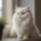 A fluffy white Persian cat sitting on a windowsill