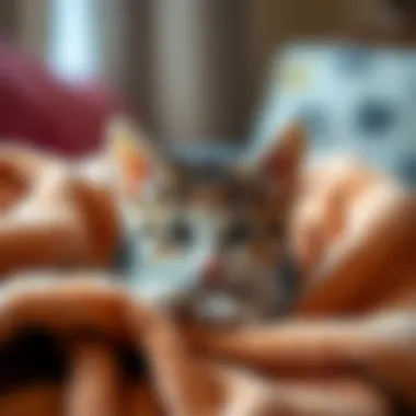 A sick kitten resting on a cozy blanket