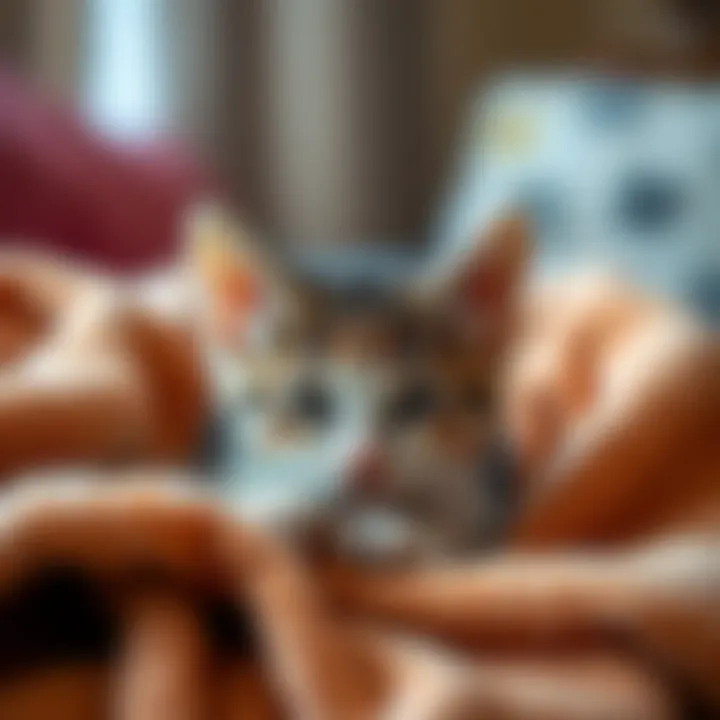 A sick kitten resting on a cozy blanket