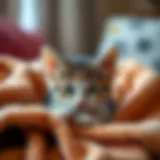 Comfort for the Sick Kitten A sick kitten resting on a cozy blanket