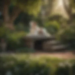 A serene garden space with a resting place for a dog.