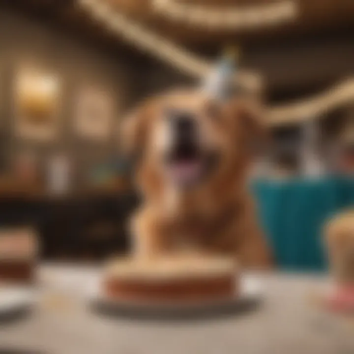 A joyful dog enjoying a slice of dog cake at a birthday celebration