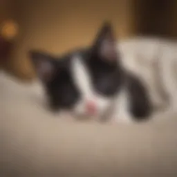 Tiny black and white kitten resting peacefully