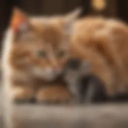 A three-week-old kitten nursing from a mother cat