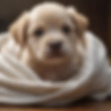 Newborn puppy being gently cleaned with a soft cloth