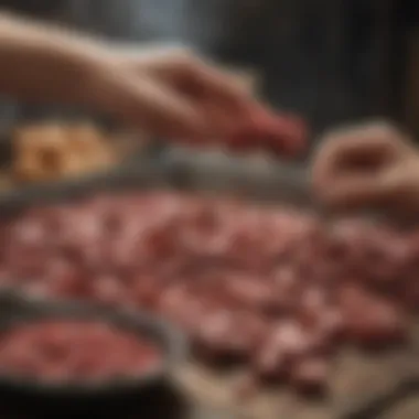 Dog owner preparing homemade dog food with turkey hearts