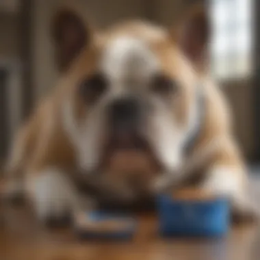 Bulldog enjoying Blue Buffalo dog food, showcasing meal satisfaction.