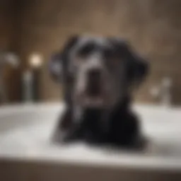 Luxurious black dog with a shiny coat enjoying bath time