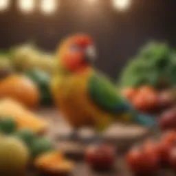 A vibrant array of fruits and vegetables suitable for conures.