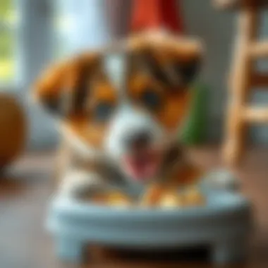 Happy Puppy Mealtime A happy puppy enjoying a meal from a puzzle feeder