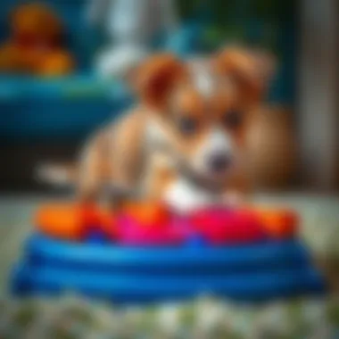 Puppy Playtime with a Puzzle Feeder A playful puppy engaging with a vibrant puzzle feeder