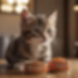 Kitten enjoying first taste of canned food