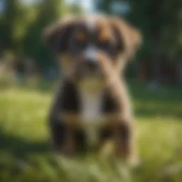 Puppy on green grass looking up attentively