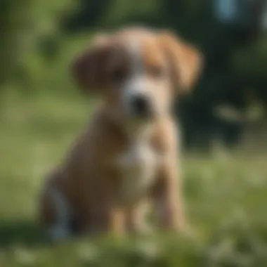 Puppy sitting on a grassy field looking curious