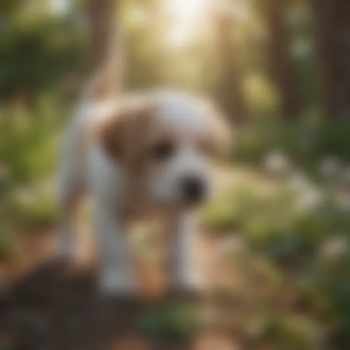 Adorable puppy sniffing a flower in the park