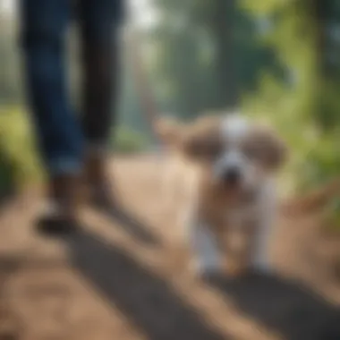 Puppy walking confidently on a leash beside its owner